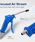 Hardcore Air Blow Gun Kit With Sixteen Foot Pneumatic Pu Hose One Quarter Inch Quick Coupler Plus Auto Shut Off Valve showing blue air gun with long nozzle.