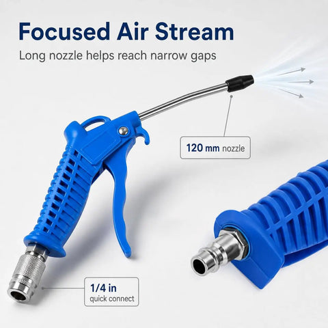 Hardcore Air Blow Gun Kit With Sixteen Foot Pneumatic Pu Hose One Quarter Inch Quick Coupler Plus Auto Shut Off Valve showing blue air gun with long nozzle.