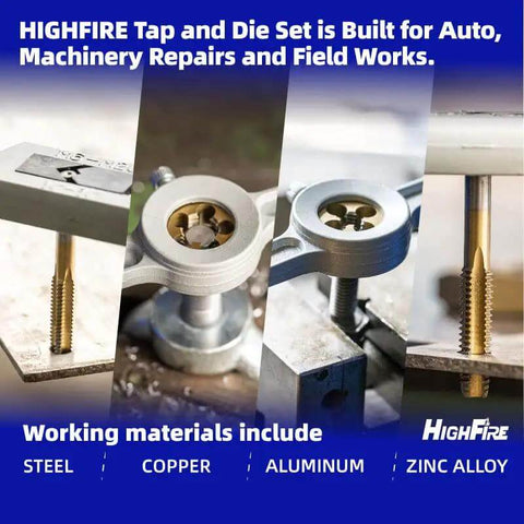 All In One 86 Piece Tap And Die Set With Titanium Coated Tools showing tool in action, multiple materials like steel and copper