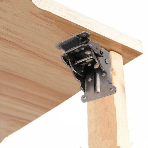 Built Tough Foldable Support Brackets With Self Locking Extension Mechanism And Full Mounting Screw Kit For Table Legs Bed Frames Workshop Bench Projects mounted under wood table.