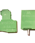 Front view of 4 Pin Screw Terminal Block Connector with 2.54mm pitch for PCB mount, green with markings, plug-in, no soldering required.