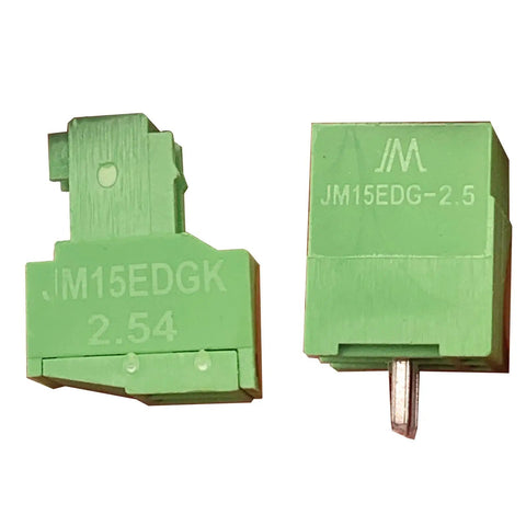 Front view of 4 Pin Screw Terminal Block Connector with 2.54mm pitch for PCB mount, green with markings, plug-in, no soldering required.