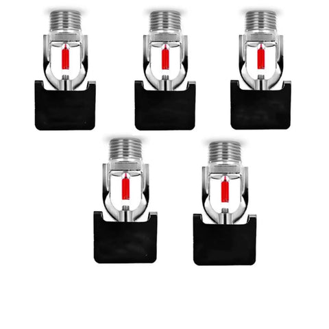 Heavy Duty Fire Sprinkler Head Five Pack With Slick Chrome Plated Brass Construction And Speedy 155 Degree Glass Bulb Activation For Smooth Sidewall Emergency Coverage, showing chrome brass finish and glass bulb.