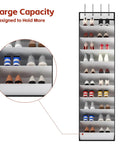 Over The Door 10 Tier White Hanging Shoe Organizer With Deep Pockets Holds 20 To 30 Pairs For Sneakers And Boots Durable Nonwoven Fabric Door Storage Solution showcasing full capacity with assorted shoes visible.