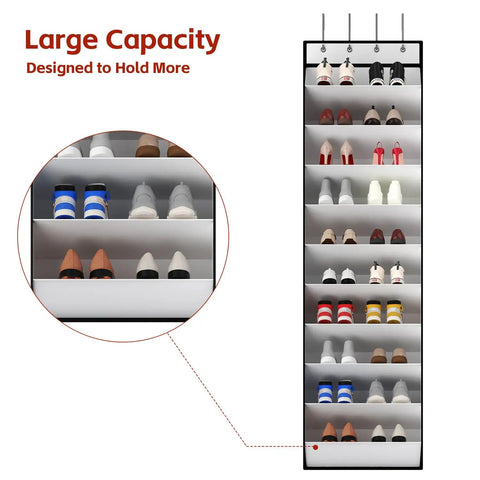 Over The Door 10 Tier White Hanging Shoe Organizer With Deep Pockets Holds 20 To 30 Pairs For Sneakers And Boots Durable Nonwoven Fabric Door Storage Solution showcasing full capacity with assorted shoes visible.