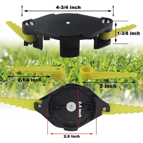 AC052N1 2 In 1 Pivoting Fixed Line And Bladed Head ACFHRL2 for 18V 24V 40V Trimmers, dimensions marked, shown on grass