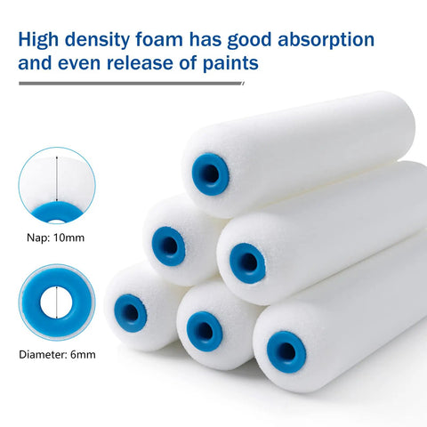 Close-up of foam rollers from the Six Inch High Density Foam Paint Roller Kit with Tray and Liners Nine Pack Mini Rollers.