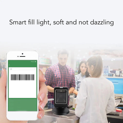 Omnidirectional 2D Barcode Scanner USB Wired Desktop Reader for retail stores, smartphone scanning interface shown