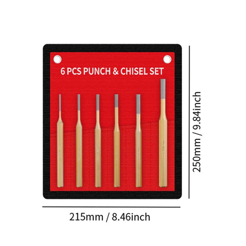 Center Punch Set With Centering Pin And Chisel Tool Kit for Metalworking Masonry on red mat, six pieces highlighted