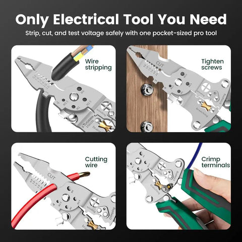 Image showing All-In-One Foldable Wire Stripper With Voltage Tester, 18-In-1 Electrician Pliers Tool for stripping, tightening, cutting, crimping.