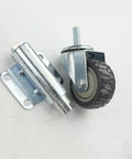 Hella Sturdy 3 Inch Heavy Duty Spring Gate Wheels Featuring Adjustable Shock Absorber Casters For Smooth Operation And Zero Sag On Rough Yards With No Sweat Install, showing a close-up of the caster wheel and mount.