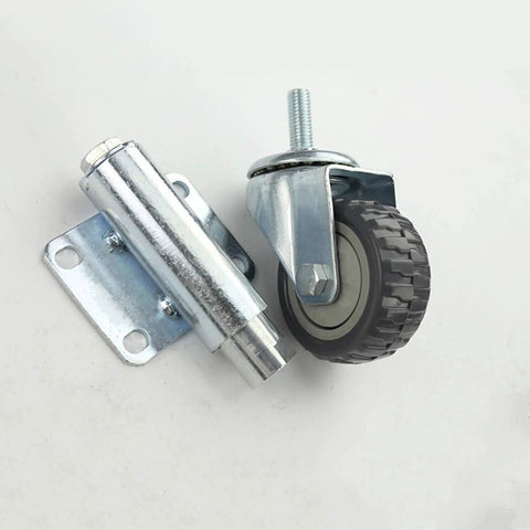 Hella Sturdy 3 Inch Heavy Duty Spring Gate Wheels Featuring Adjustable Shock Absorber Casters For Smooth Operation And Zero Sag On Rough Yards With No Sweat Install, showing a close-up of the caster wheel and mount.