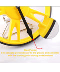 Close-up of Eujgoov Distance Measuring Wheel, 99999.9m / ft Folding Digital start pointer on yellow wheel.