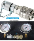 Front view of silver hydraulic pressure test coupling kit with Parker PD series adapter, for Caterpillar and Case excavators.