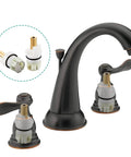 Leak Free Delta Two Handle Faucet Repair Kit With Stem Assembly Replacement Pack Includes Cartridges RP24096 Seats RP4993 Springs And One Quarter Turn Stops 2 Pack shown with faucet and cartridges.