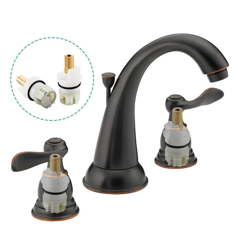 Leak Free Delta Two Handle Faucet Repair Kit With Stem Assembly Replacement Pack Includes Cartridges RP24096 Seats RP4993 Springs And One Quarter Turn Stops 2 Pack shown with faucet and cartridges.