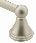 Close-up of Preston Collection 24 Inch Single Wall Mounted Towel Bar in Brushed Nickel Finish showing end detail and mounting base.