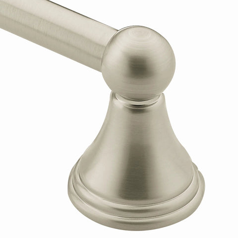 Close-up of Preston Collection 24 Inch Single Wall Mounted Towel Bar in Brushed Nickel Finish showing end detail and mounting base.