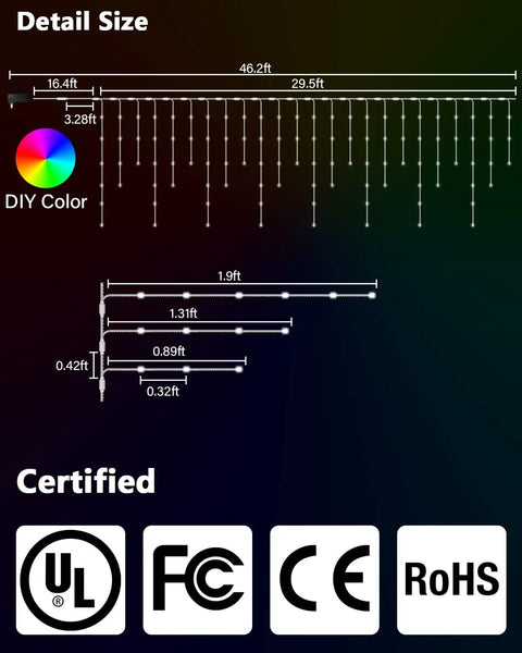 Diagram showing dimensions and certifications of Outdoor Waterproof Icicle Lights With App Control Dope Programmable 299 Color Changing