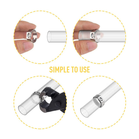150-piece 304 stainless steel single-ear hose clamp kit with ear clamp pliers, 6–23.5mm range.