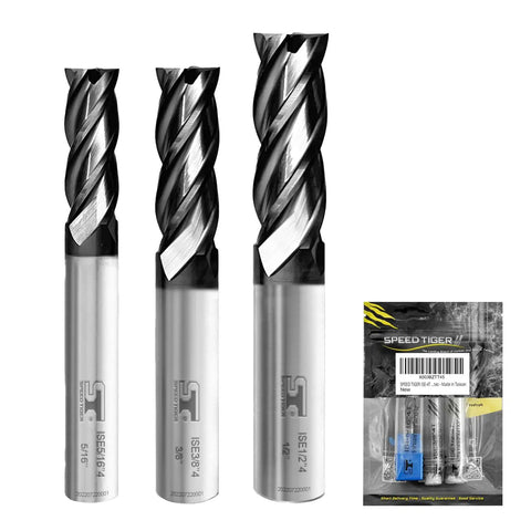 Carbide Square End Mill Set Four Flute Three Piece Set With Five Sixteenths Three Eighths And One Half Inch Sizes AlTiN Coated