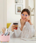 Person sitting at desk with 360 Degree Rotating Multipurpose Desk Organizer With 5 Slots Pen Holder for art and office supplies