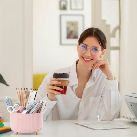 Person sitting at desk with 360 Degree Rotating Multipurpose Desk Organizer With 5 Slots Pen Holder for art and office supplies