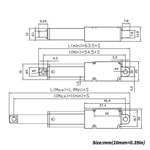 Solid 12V Electric Linear Actuator With Telescopic Aluminum Body And Built In Limit Switches For Auto Stopping Smooth Stroke On Compact Doors and Light Duty Gear That Works Like A Charm Right Out The Box Today dimensional drawing with measurements.