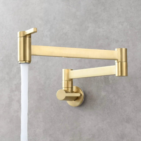 Brushed Gold Wall Mount Pot Filler Faucet With Folding Reach And Brass Construction Sixteen Point Seven Inch Extension Single Hole Install For Hot Or Cold Water Fast Fill Near Stove Easy Reach Kitchen Upgrade