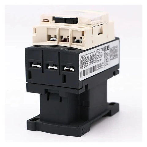 AC Electromagnetic Contactor Three-Phase 3P 3NO, 12A Load, 120V Coil, Heavy-Duty Beefed-Up Industrial Relay For Motors And Control Panels, Reliable Start-Stop Switching For High-Current Machinery. Black and white three-phase contactor with visible terminals.