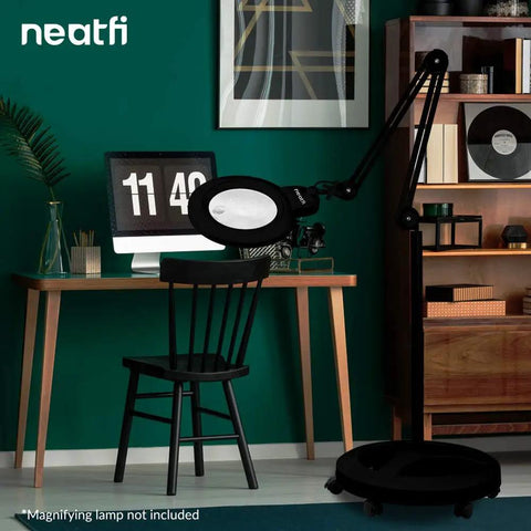 6 Wheel Rolling Floor Stand For LED Desk Lamps And Magnifying Lamps With Clamp, black, in a modern study setting with desk and chair.