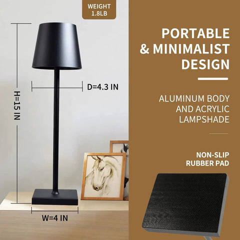 Rechargeable LED Table Lamp Cordless Dimmable Touch Lamp For Bedroom And Desk Dope Portable Decorative Light For Home Office Bar Rugged Metal Body Waterproof Sleek Black on desk