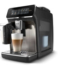 Glossy black fully automatic espresso machine with LatteGo milk system, touch display, ceramic grinder, AquaClean filter.