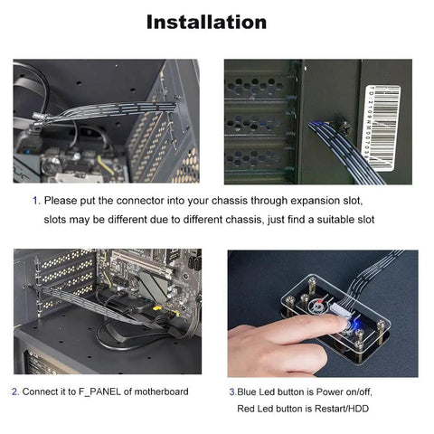 Installation steps for External Desktop PC Power Button Switch For Case Panel On Off Button Replacement shown on motherboard.