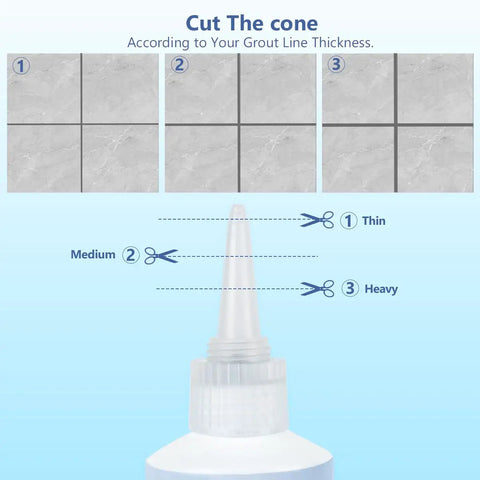 Diagram showing how to cut nozzle of Tile Grout Repair Kit With Fast Drying Grout Filler And Silicone Trowel Scraper, Gray 17.64 Oz.