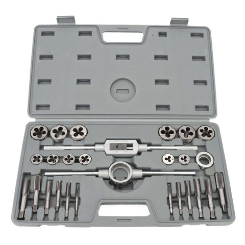 FTVOGUE Metric Tap And Die Set With Coarse Fine Teeth For 27 Piece Complete Accessories Kit To Repair Automotive Mechanical Jobs And Cut Threads Like A Boss in gray case