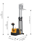 High Capacity 2200lb Full Electric Straddle Fork Stacker With Counterbalanced Design, 118 Inch Max Lifting Height, Narrow Turning Radius showing dimensions and features.