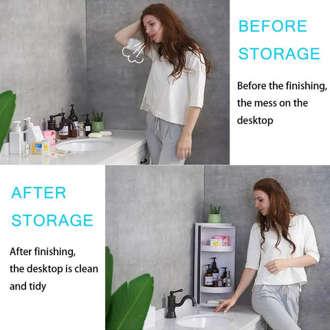 Kick Clutter To The Curb Slick Rotating Corner Shelf With 360 Degree Swivel Base For Bathroom Or Kitchen Storage shown in tidy countertop setup.