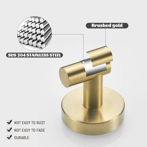 Brushed Gold Bathroom Hardware Set 6 Piece Kit With Toilet Paper Holder, Towel Ring, Hand Towel Bar, And 4 Robe Hooks, Wall Mount Stainless Steel Robe Hook