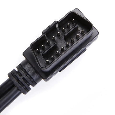 Close-up of male connector of Right Angle OBD2 Splitter Y Cable 1 Male To 2 Female Extension 16 Pin OBDII Connector 1 Ft 30 Cm