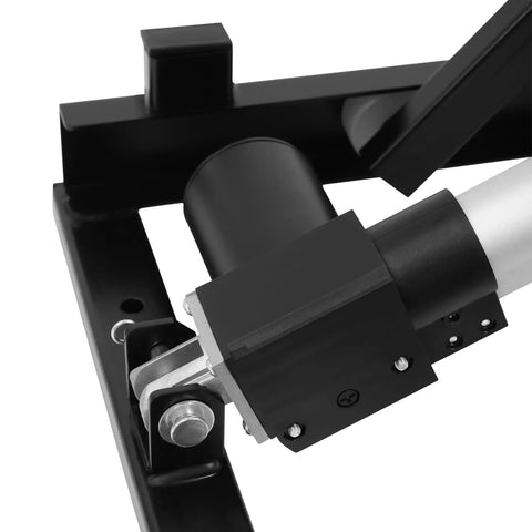 Close-up shot of the hydraulic mechanism on the Heavy Duty Electric Scissor Lift Table With No Sweat 130 Lbs Raising Action.