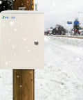 Tough As Nails Outdoor Electrical Box 12 By 10 By 6 Inch NEMA 4X Waterproof Steel Enclosure Lockable Junction Box mounted on pole in snow