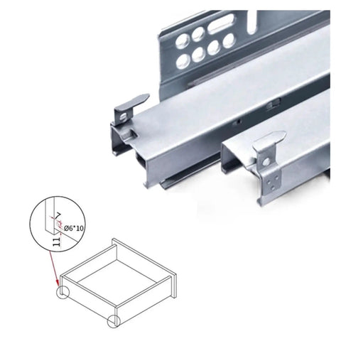Undermount Push To Open Drawer Slides Concealed Cabinet Runners featuring solid steel tracks with installation diagram.