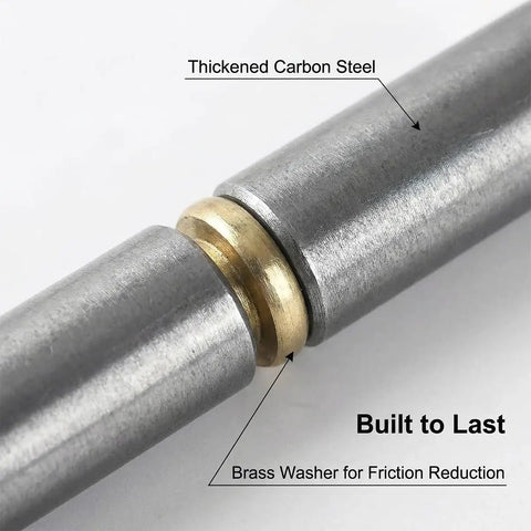 Close-up of brass washer and thickened carbon steel on heavy duty barrel hinges two and a half inches by three eighths inches for weldable gates.