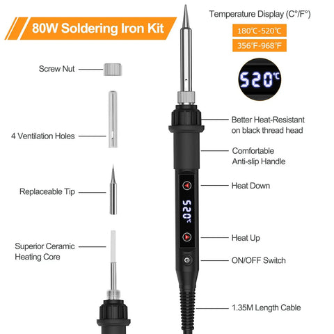 All In One 80W Soldering Kit With LCD Temperature Display 9 In 1 Set With iron features like adjustable heat and replaceable tip