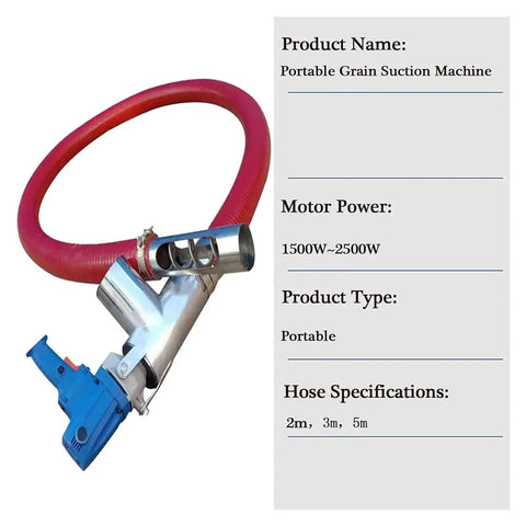 Portable Grain Pumping Machine With Suction Auger Screw Conveyor and red hose, heavy duty build with secure fit, side view