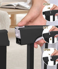 Close-up of auto-close latch for Adjustable Baby Gate For Stairs And Doorways, 30 Inches Tall, showing push, lift, open steps
