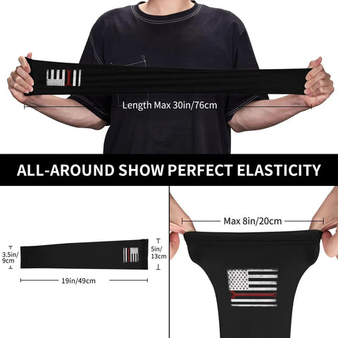 Premium Cooling Arm Sleeves With UV Protection And Ice Silk Fabric For Auto Mechanics And Workshop Crew Usa Flag Design showing size and elasticity details.