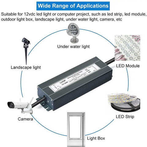 Heavy Duty Low Voltage Transformer 200W IP67 Waterproof LED Driver Power Supply 90-130V AC To 12V DC 16.7A with application examples