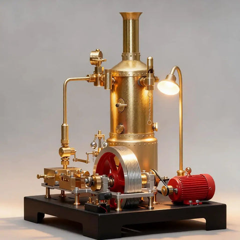 Darn Fine Brass DIY Steam Engine Kit Includes Legit Working Stationary Mill Motor with flywheel and lamp stand.